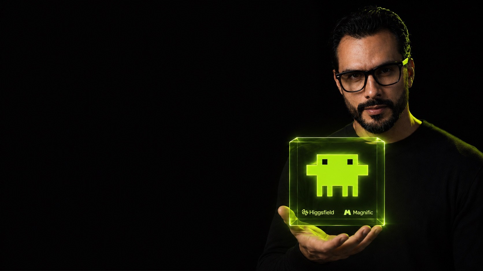 David Gómez sostiene un cubo de cristal con los logos de Higgsfield y Magnific