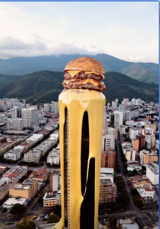Un edificio en forma de hamburguesa sobre la ciudad